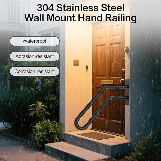 Handrails for Outdoor Steps, Stair Railing Indoor1-3 Step, U-Shaped Stairs Wall Mounted Metal Handrail for Garage, Porch, Yard and Garden - Black