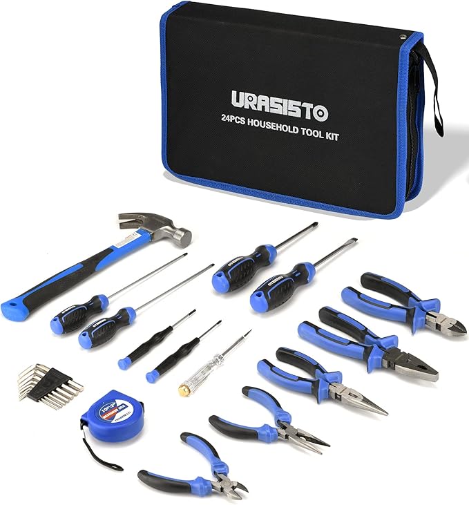 24-Piece Household Tool Kit for Men Repair Hand Tool Set Bag with Hammer, Screwdriver,Pliers, Wrench set with Storage Bag
