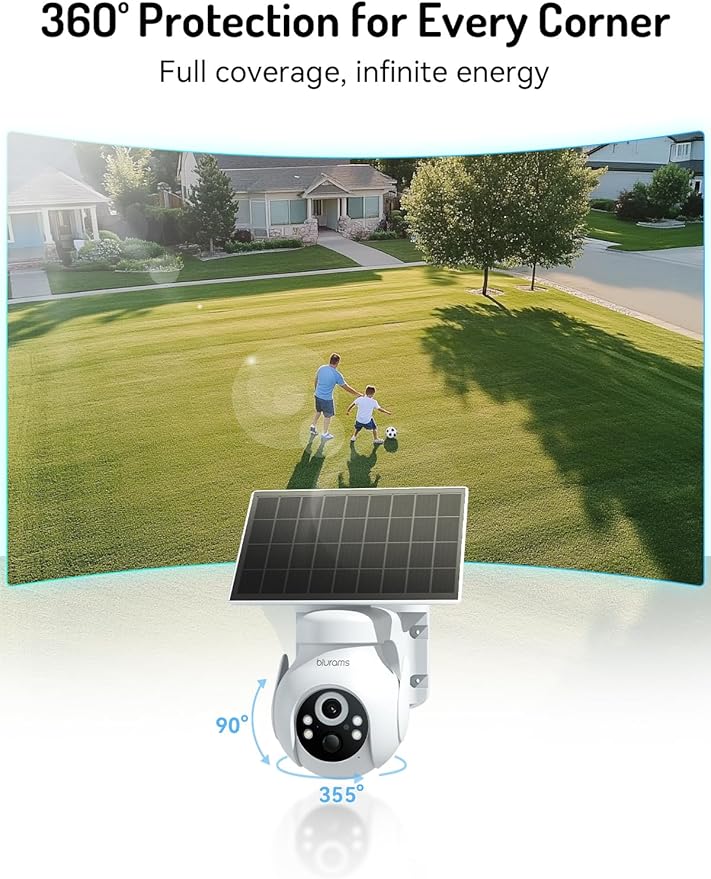blurams 2K Solar Outdoor Camera Wireless, 360° PTZ Security Cameras Wireless Outdoor with Human Auto Tracking, R/Color Night Vision, Battery Powered, 2.4GHz Only, 2Pack