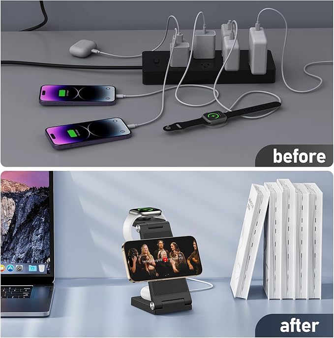 Magnetic Wireless Charger Stand, 3 in 1 Foldable Wireless Charging Station, Travel Charger for Multiple Devices for iPhone 16 15 14 13 12 Series, Apple Watch Ultra/9/8/7/6/5/4/3/2, AirPods