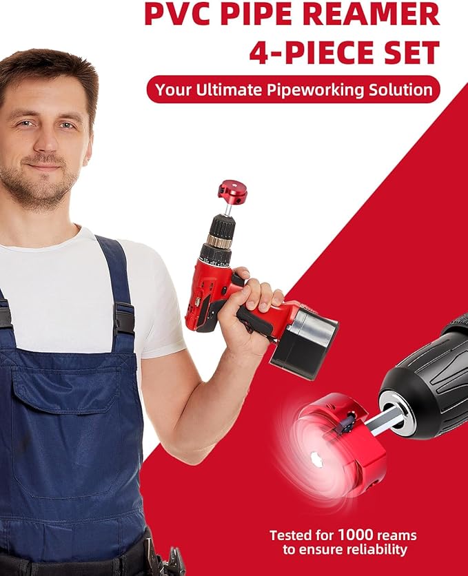 4PCS PVC Pipe Reamer Kit, Plastic Pipe Fitting Reamer Tool, Fit into Standard 1/2" Drills, PVC Fitting Saver for SCH40 PVC CPVC ABS Pipe (1-1/2'', 2'', 3'', 4'')