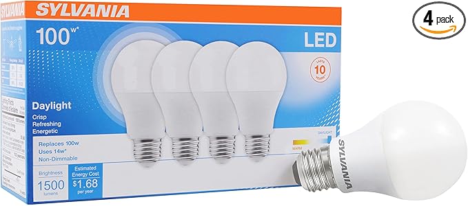 SYLVANIA LED A19 Light Bulb, 100W Equivalent, Efficient 14W, 1500 Lumens, Frosted Finish, Daylight - 4 Pack (78103)