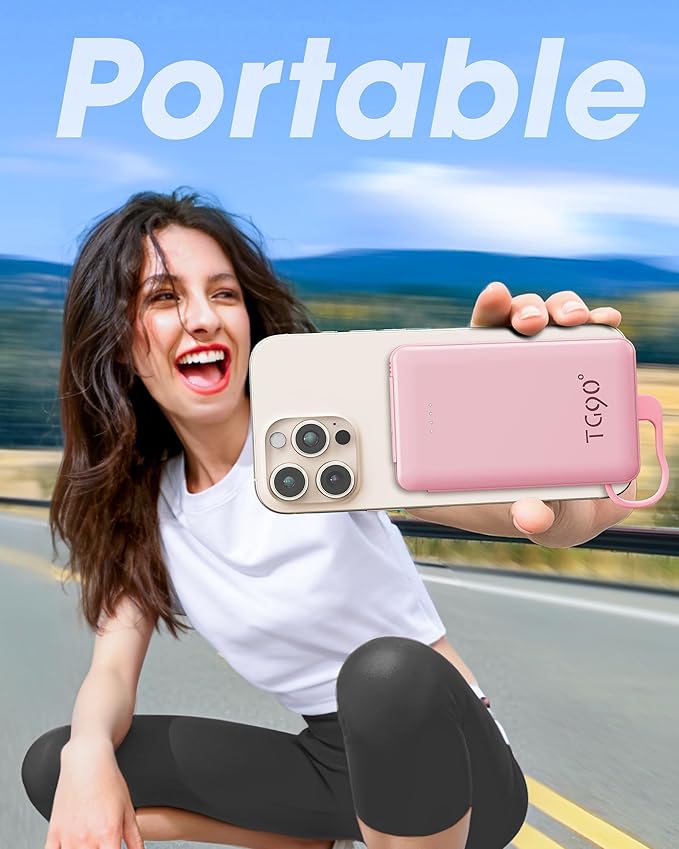 TG90° Portable Charger Power Bank, Ultra Small 5000mAh Battery Pack with Built-in Foldable AC Wall Plug and Cables, USB C Cell Phone External Battery Charger Compatible with iPhone and Android Devices