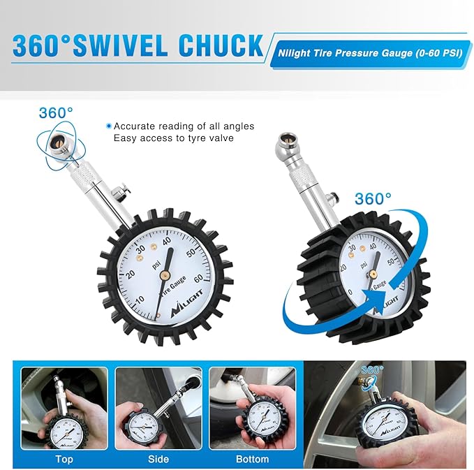 Nilight Tire Pressure Gauge 60PSI Heavy Duty Stainless Steel Air Chucks ANSI B40.1 Certified Large 2" Dial Wheel Service Checker for Truck Semi Truck ATV Motorhome Cars & RV Accessories