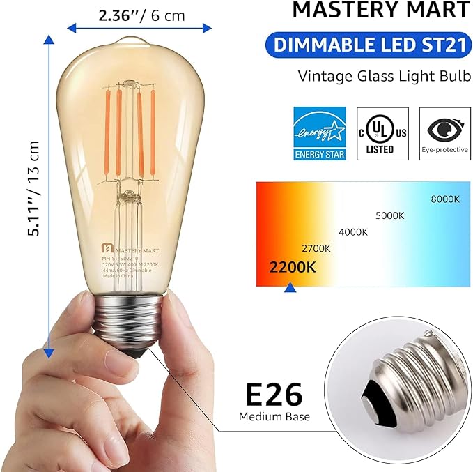 Mastery Mart 24 Pack Vintage LED Light Bulb 2200K Warm White, Dimmable, 5.5W (60 Watt Equivalent), ST21/ ST64 Clear Glass Antique Edison Style, 500LM E26 Decorative Filament Bulb