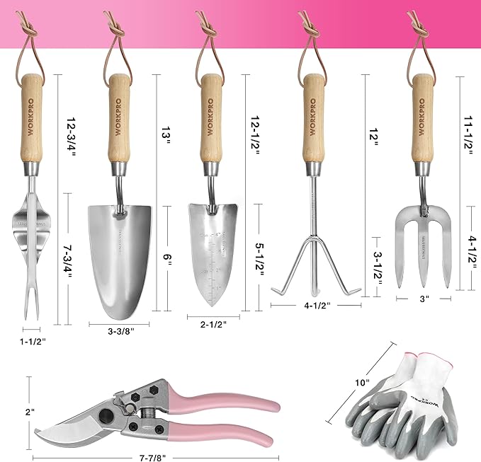 WORKPRO 8-Piece Pink Garden Tool Set, Stainless Steel Gardening Tools with Wood Handle, Including Garden Tote, Gloves, Trowel, Hand Weeder, Cultivator and More, Gardening Gifts For Women - Pink Ribbon