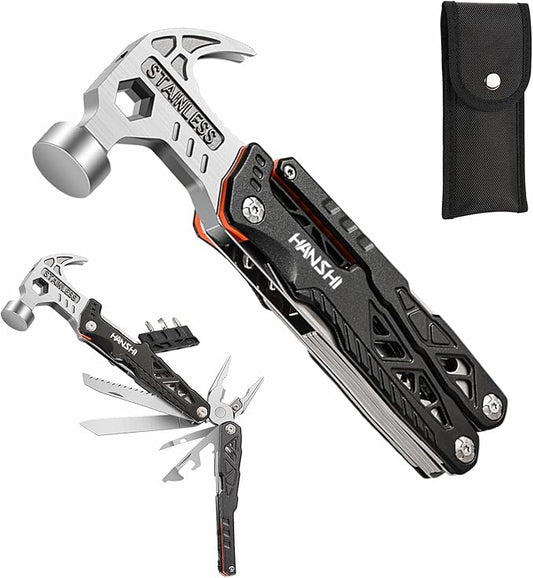HANSHI Replaceable Wire Cutter Hammer Multitool with Nylon Sheath for Outdoor,Camping,Survival,Hiking,17 In 1 Pocket Multi Tool with Spring-Action Plier,Knife,Flint Rod,Safty Whistle for Gift