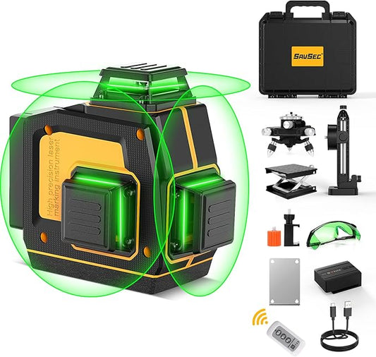 Laser Level 360 Self Leveling, SAVSEC 3 x 360 3D Stepless Dimming(Up to 37H) Green Line Laser, Cross Line Laser Leveler Tool for Construction and Picture Hanging, Rechargeable Battery