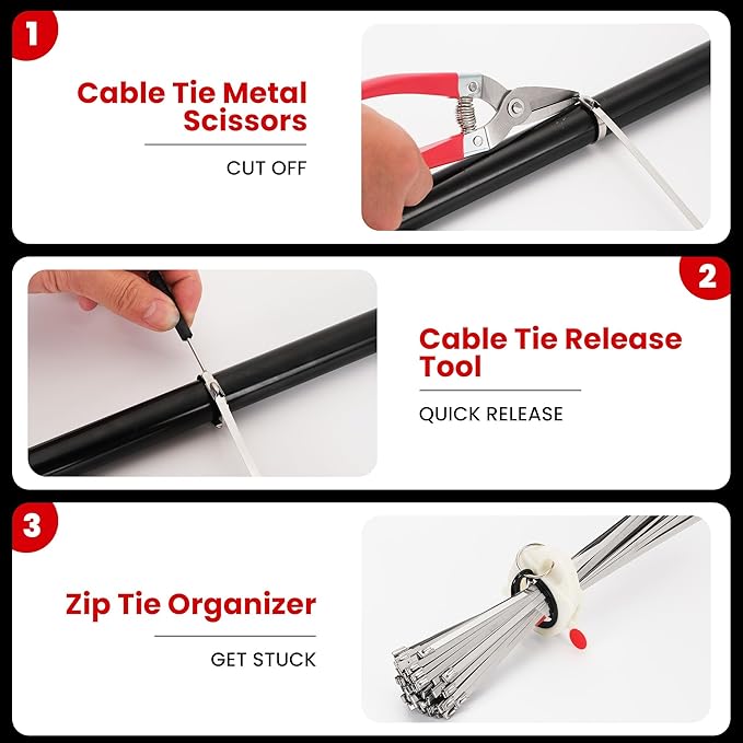 Stainless Steel Cable Tie Gun Set – Heavy Duty Metal Zip Tie Tool Kit with 150PCS Self-Locking Ties, Adjustable Fastening & Cutting Tool for Outdoor Fencing, Exhaust Pipes, Automotive (Black)