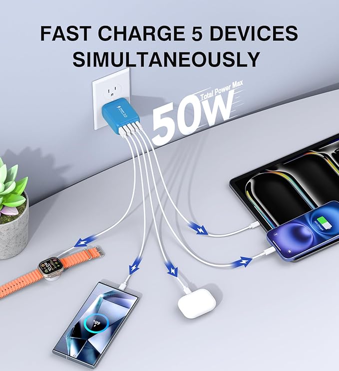 2-Pack USB C Wall Charger Block,50W 5-Port C Charger Fast Charging Block PD Power Adapter +QC 3.0 Multiport Type C Box Charger Cube USB A Wall Plug for iPhone 16/15/14/13 Pro Max,Samsung Galaxy(Blue)