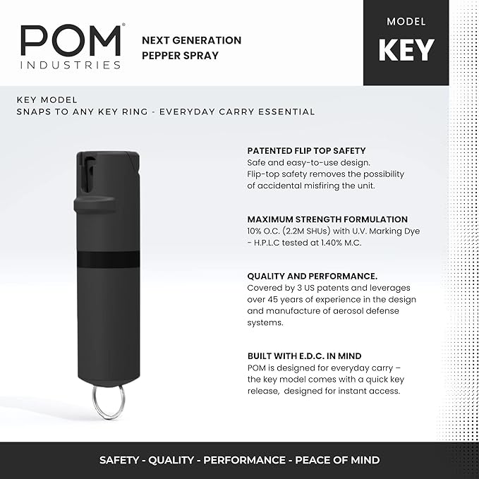 POM Pepper Spray Keychain, Quick Key Release for Instant Access, Flip Top Safety, Maximum Strength OC Formula with UV Marking Dye, 25 Bursts, 10 ft Range, 0.5 fl oz
