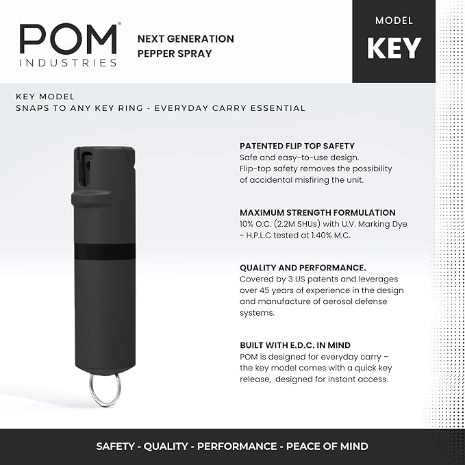 POM Pepper Spray Keychain, Quick Key Release for Instant Access, Flip Top Safety, Maximum Strength OC Formula with UV Marking Dye, 25 Bursts, 10 ft Range, 0.5 fl oz