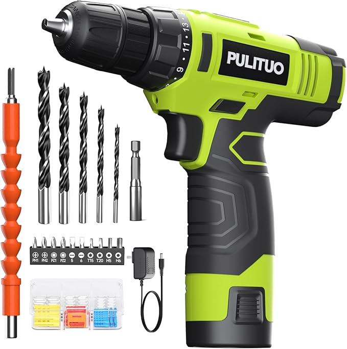 PULITUO 12V Green Cordless Drill Set - Power Drill Kit with Battery and Charger, 3/8-Inch Keyless Chuck, Built-in LED, 21+1 Torque Setting