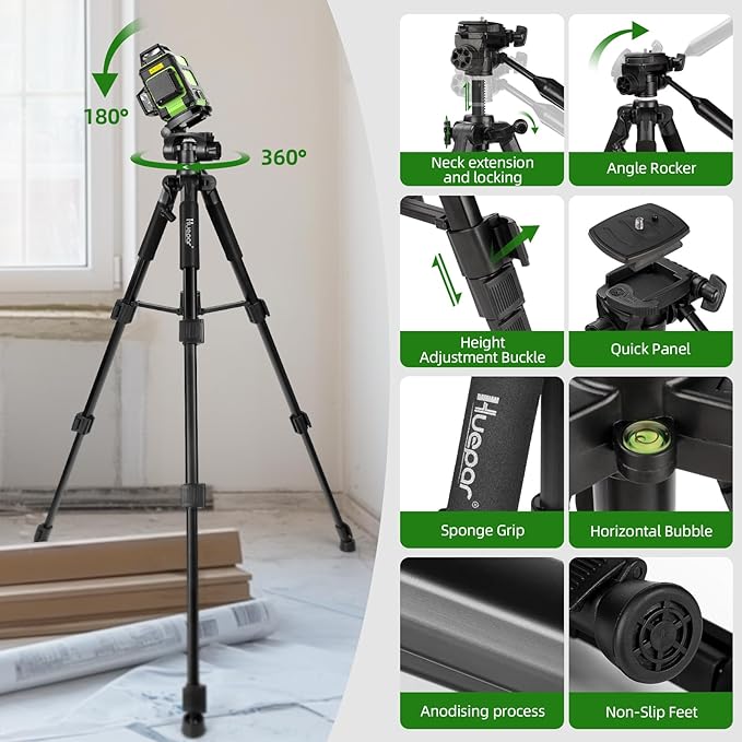 Huepar Laser Level 360° with Tall Tripod, Self Leveling Rechargeable Lazer Leveler for Construction and Picture Hanging, Nivel Laser with Pluse Mode for Outdoor, Hard Carry Case, 50" Tripod, Glasses