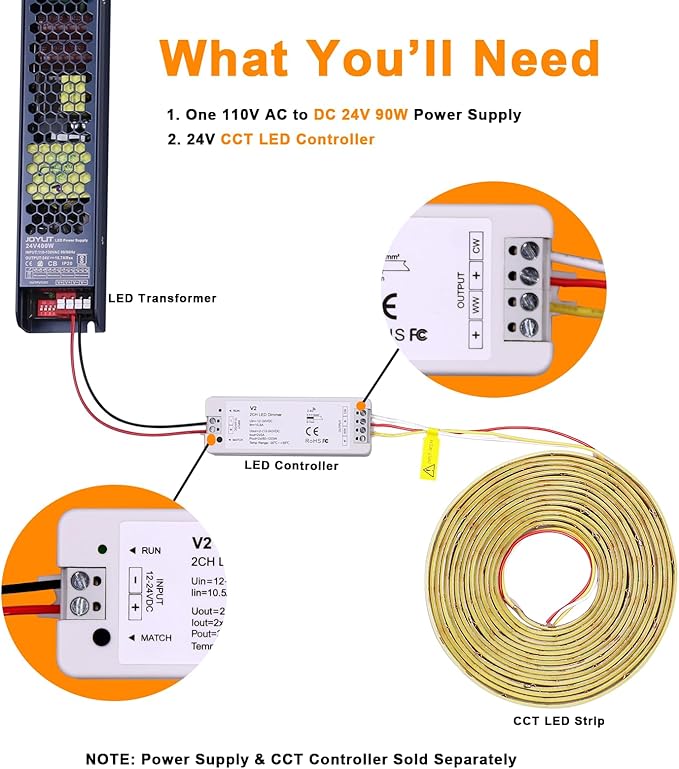 JOYLIT 24V COB CCT LED Strip Light Waterproof 16.4FT/5M 640LEDs/M 2700K-6000K, UL Listed PRO CRI 92+ LED Tape 10000lm Super Bright 90W Dimmable Warm White to Cool White Tunable Light Strip