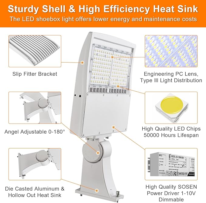 150W White LED Parking Lot Light, 21000LM LED Shoebox Area Light [500W MH/HPS Equiv.], 5000K Dimmable Outdoor Street Lighting with Surge Protection Built-in, IP65 AC100-277V UL&DLC Listed