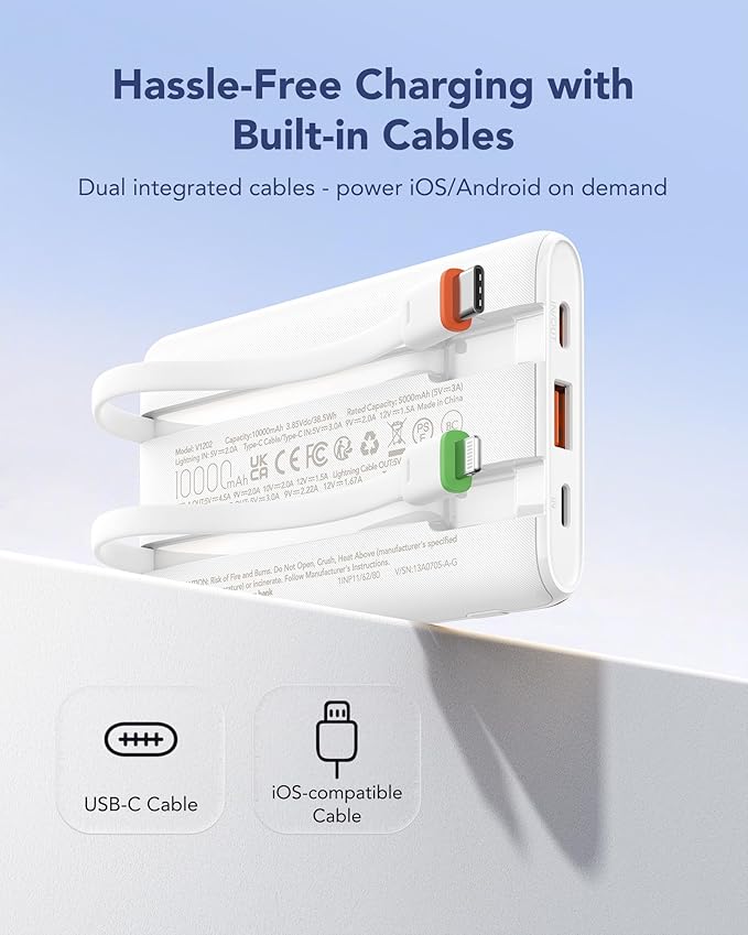 VEGER 10000mAh Portable Charger with 2 Built-in Cables, PD 22.5W Fast Charging USB C Power Bank, 4 Outputs 3 Inputs Slim Battery Pack Compatible with iPhone, Samsung, iPad, Android - Travel Essential