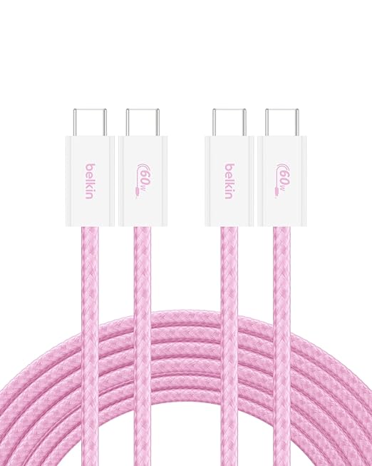 Belkin USB C to USB C Cable 2-Pack, 9.9ft, 60W - Type C Charger, iPhone Charger Cord, Soft, Braided, Flexible for iPhone 16, Galaxy S25, Pixel 9, Airpods, iPad Pro & More, Travel Essentials - Pink