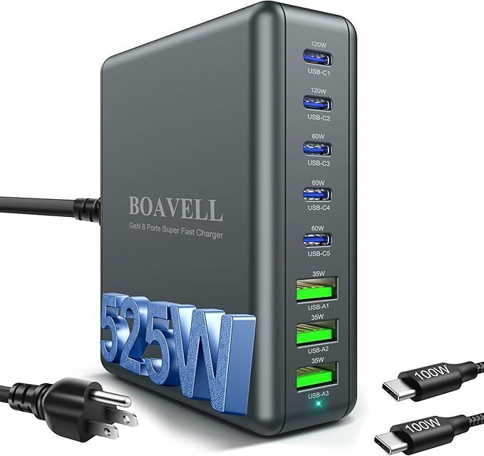 USB C Charger Block, 525W 8-Port GaN Fast Charging Station Hub with 100W Cable, Dual PD 100W Multi-Device USB C Wall Charger Adapter for iPhone 16 15, MacBook, Laptop, iPad, Samsung Galaxy and More