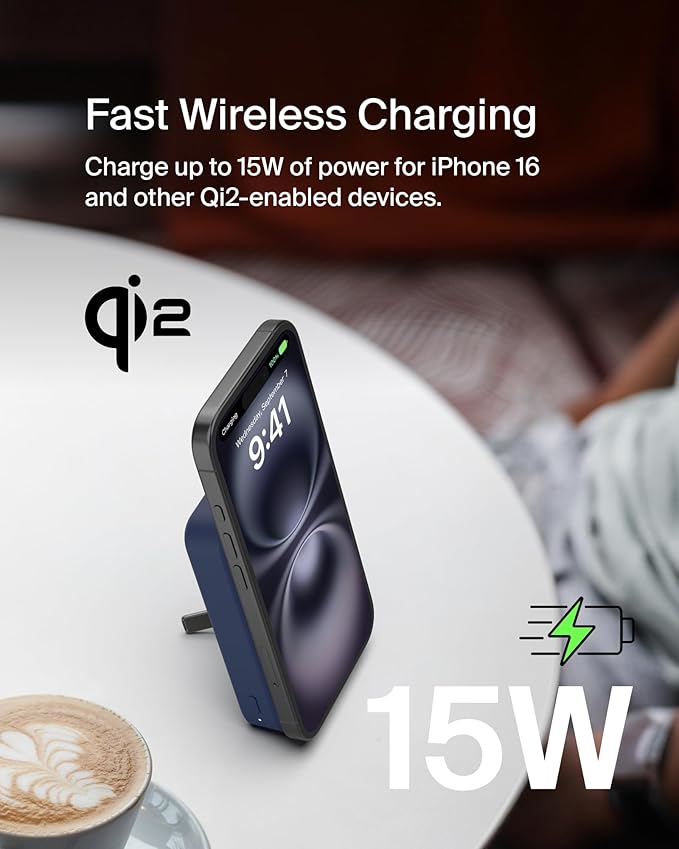 Belkin Portable Charger, Wireless Power Bank 15W 10000 mAh w/ Qi2, MagSafe Charger + Built-in Pop-up Kickstand - Compatible w/iPhone 16, 15, 14, Plus, Pro, Max, Google Pixel 10, etc. - Blue