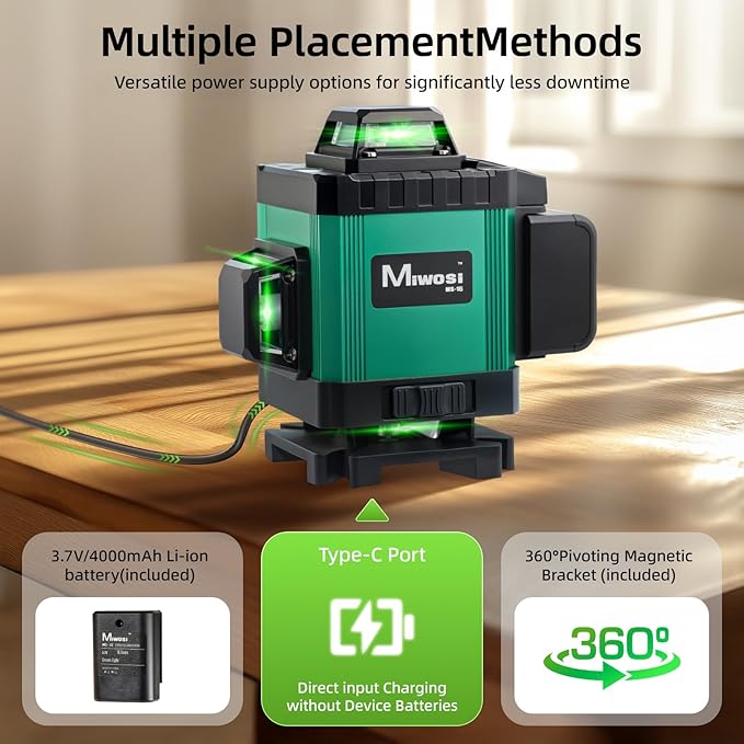 Laser Level, Miwosi 360 Self Leveling, 16-Line 4D Green Beam Cross Line, 4x360° Lazer Leveler Tool for Floor Tile, Construction Project Renovation & Picture Hanging