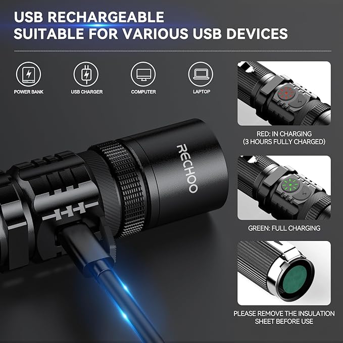 RECHOO Rechargeable Flashlights High Lumens, Double Switch S3000L LED Flashlight, Super Bright 5 Modes Zoomable Waterproof EDC Flashlights for Home, Emergncies, Camping(Battery Included)