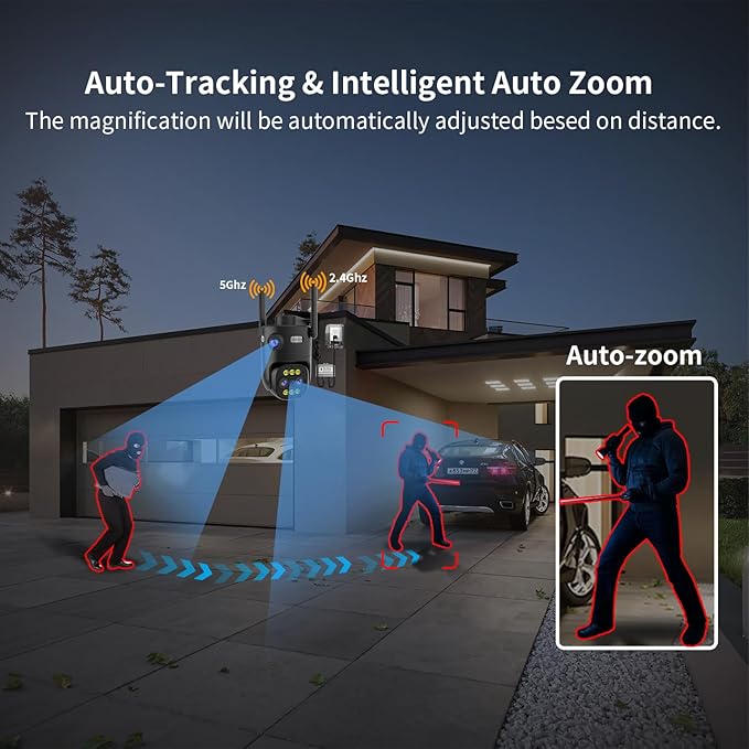 Triple-Lens Outdoor Security Camera with 10X Zoom,Wired 2.4G/5G WiFi Camera for Home Security,24/7 Continuous Recording,Plug-in Power,Auto Motion Tracking,Work With NVR/DVR Surveillance System