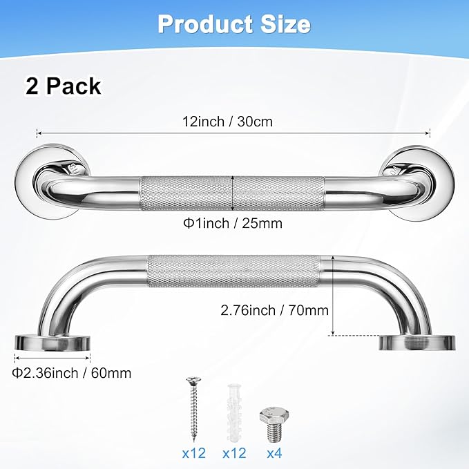 2-Pack 12 Inch Anti Slip Grab Bars for Bathtubs and Showers, Stainless Steel Safety Shower Handle for Bathroom/Toilet/Seniors/Elderly Assist Bath Handle [Chrome]
