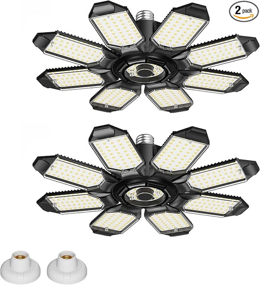 Motion Sensor Garage Lights 2 Pack, 25000LM Motion Activated Shop Light with 8+1 LED Deformable Panels, 360° Detection, Motion Sensor Ceiling Light for Garage, Workshop, Basement, Laundry Room