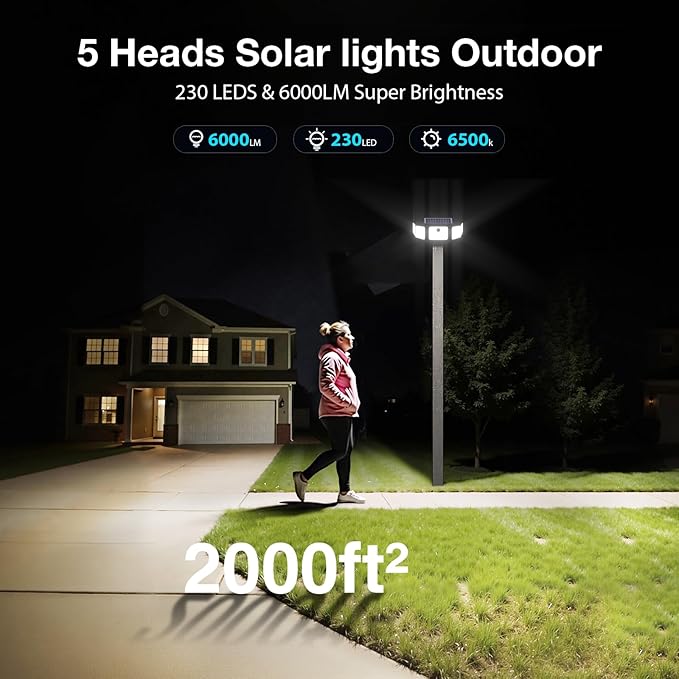 Solar Lights Outdoor, 6000LM Solar Flood Lights Outdoor, 230 LED 5 Heads Motion Sensor Lights Waterproof with Remote Control for Outside Yard House Patio 1 Pack