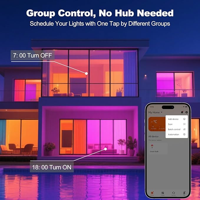 Smart Light Bulbs, WiFi & Bluetooth Light Bulb, Work With Alexa and Google Home, A19 E26 RGBCW LED Color Changing Light Bulb, 16 Million Colors, Dimmable 2700K-6500K, 9W(60W), 800 Lumens 4 Pack