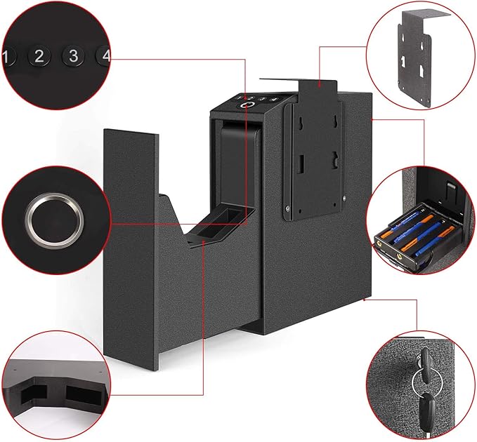 Biometric Slider Handgun Gun Safe for Nightstand, Desk, Bed Side,Truck - Auto Sliding Door Hand Gun Safe for Pistol -with Fingerprint, PIN Code, KEY Access