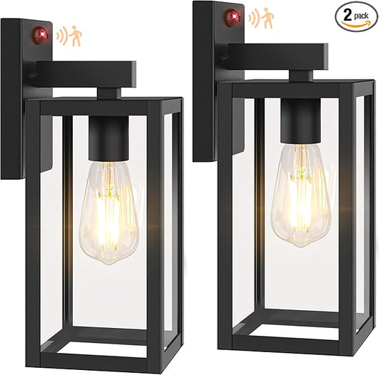 BesLowe 13" Upgraded Motion Sensor Outdoor Wall Lights, 2-Pack Dusk to Dawn Porch Light Outdoor Wall Sconce Lanterns, 3 Lighting Modes Exterior Lighting Fixtures, Black Outside Lights for House Garage