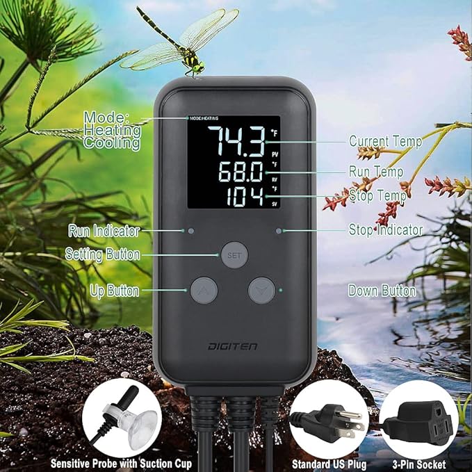 DIGITEN Heat Mat Thermostat Waterproof Temperature Controller DTC315 Greenhouse Thermostat Aquarium Temperature Controller Plug in Thermostat for Seedlings 15A Reptiles Temperature Controller Outlet