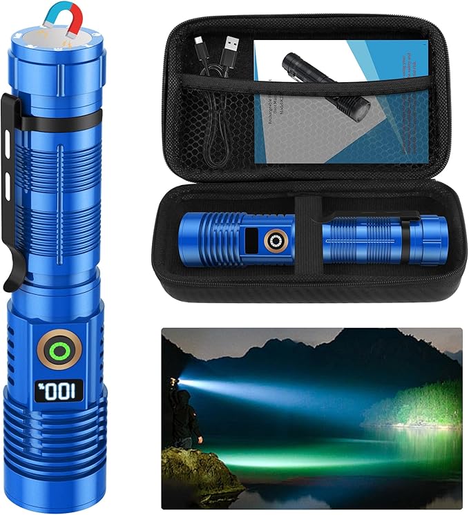 Rechargeable Flashlight High Lumens- Super Bright Magnetic Flash Light with Power Digital Display, Long Range,Dimmable,Waterproof,Pocket Tactical LED Flashlights for Emergency, Blue, 1PC