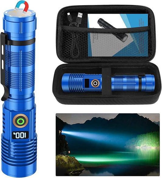 Rechargeable Flashlight High Lumens- Super Bright Magnetic Flash Light with Power Digital Display, Long Range,Dimmable,Waterproof,Pocket Tactical LED Flashlights for Emergency, Blue, 1PC