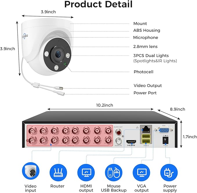 Hiseeu 16 Channel 3K Wired Security Camera System with Smart Dual Light,Audio,Person/Vehicle Detection,121°Wide View,5MP 16CH DVR,12PCS 5MP IP67 Outdoor CCTV Cameras,3TB HDD for 24/7 Surveillance
