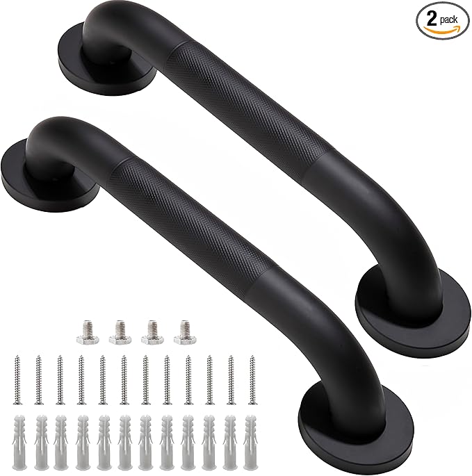 Shower Grab Bar, 2 Pack 12 Inch Black Bathroom Grab Bar, 1.25" Diameter 304 Stainless Steel Anti-Slip Grab Bars for Bathtubs and Showers, Handicap Shower Grab Bar for Seniors Elderly