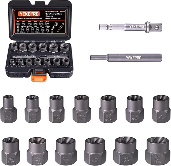 15 PCS Bolt Extractor Set, 3/8" Drive Impact Bolt & Nut Remover Socket Tool Kit, Stripped For Damaged, Frozen, Studs, Rusted, Rounded-Off Bolts, Nuts & Screws, Cr-Mo Steel, T38215