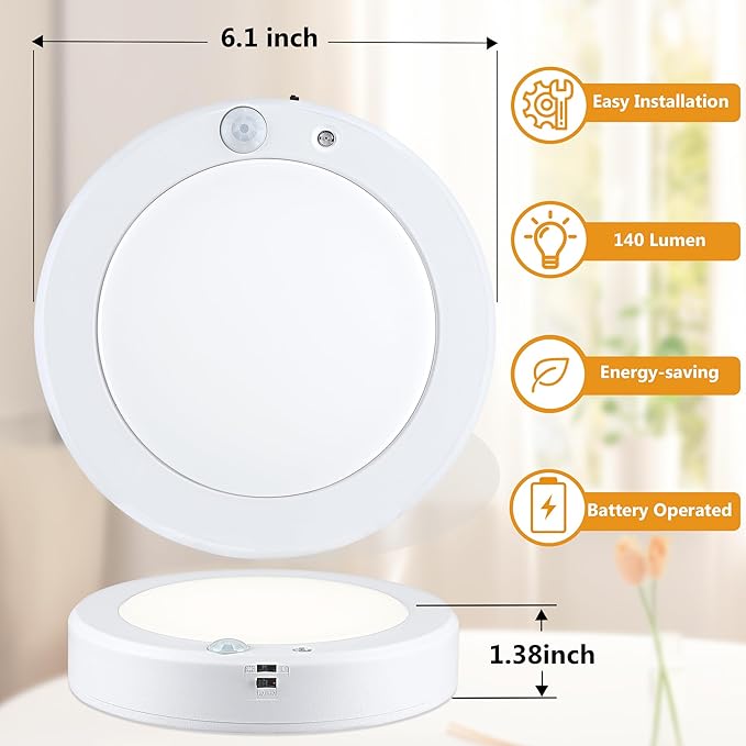 LIT-PaTH Battery Powered Motion Sensor LED Ceiling Lights, 6.1inch 5000K Battery Operated Flush Mount Light, 140 Lumens Wireless Ceiling Lamps for Closet Pantry Laundry, 1-Pack(Battery Not Included)