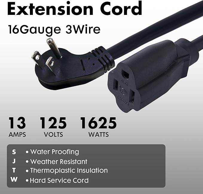 Indoor Flat Plug Black Extension Cord 10ft, UL Listed, 16/3 SJTW 3 Prong Heavy Duty, 16 Gauge 13A Power Cord for Lights, Appliance, Home, Office
