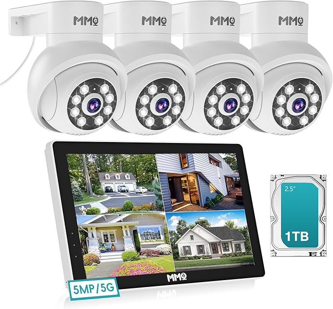 【Wireless Pro, 3K &10CH】5MP Security Cameras Wireless Outdoor with 10.1" LCD Monitor, 4PCS WiFi PTZ Security Cameras with 4K NVR for Home Surveillance,1TB HDD, Auto Track, 2-Way Audio,Motion Alert,5G