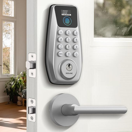 DESLOC C110 Keyless Entry Door Lock with 2 Lever Handles&Smart Screen, Digital Smart Front Door Lock Set, Fingerprint Door Locks, Keypad Deadbolt, Auto-Lock, Backlit Keys, Passage Mode, IP54 Silver