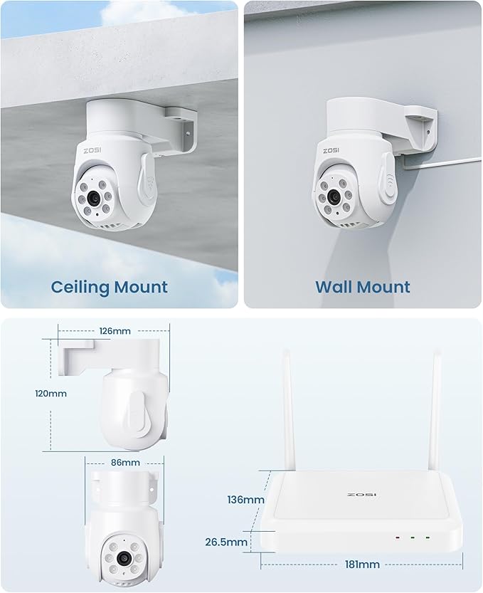 ZOSI 8 Channel 3K Wi-Fi 6 Security Camera System with 128G Memory Card for 24/7 Record, 4 x 5MP Pan Tilt WiFi Camera with Auto Tracking, Color Night Vision, Plug-in, AI Person Detect, 2-Way Audio