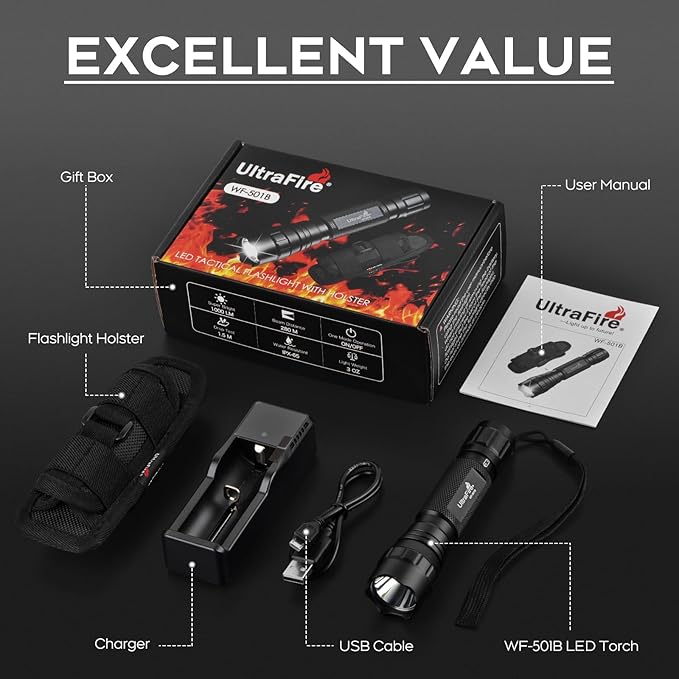 ULTRAFIRE Tactical Flashlight with Holster, Single Mode LED Flashlight 1000 High Lumen Duty Flashlights with Belt Holster and Charger, Bright Small Flash Light WF-501B