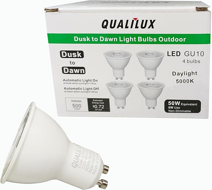 MR16 GU10 Dusk to Dawn Light Bulbs, Daylight 5000K, 50W Equivalent, 500LM, Auto On/Off Light Sensor Bulb, Non-dimmable, LED 6W 4 Pack, HQ-H045