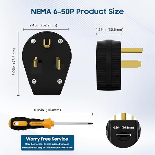 NEMA 6-50P Straight Blade Angle Plug 2 Pack, AC Dryer Replacement Male Angle Plug,3-Prong Grounding Heavy Duty Universal Power Male Connector for Dryers, welder, generator 50 A,250V-with 1 Screwdriver