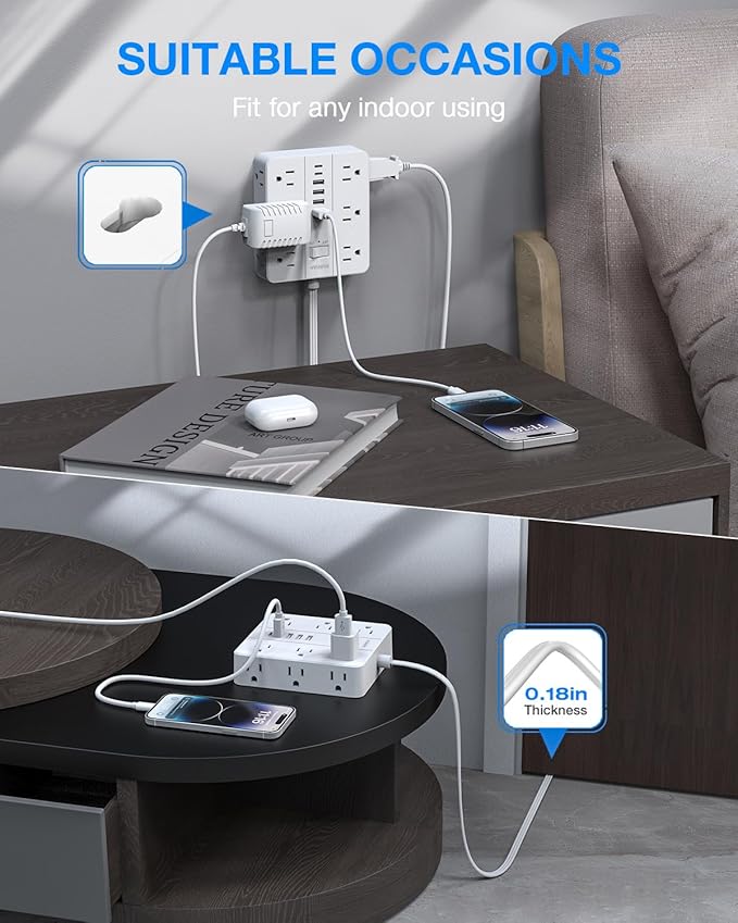 Extension Cord 25 Ft, HUNIAN Flat Plug Power Strip Surge Protector, 12 Widely Spaced Outlets with 6 USB Charger (2 USB C Ports), Desk Charging Station for Home Office Supplies, Dorm Room, White