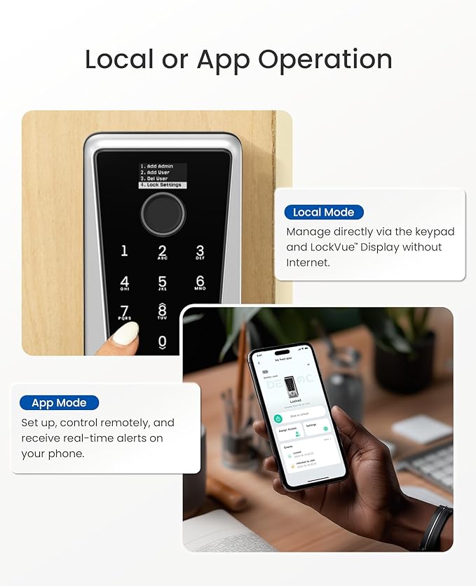 DESLOC Smart Lock D110 Plus, Fingerprint Keyless Entry Door Lock, Built-in Wi-Fi, App Remote Control, Smart Locks for Front Door, Keypad Deadbolt with LockVue Display, IP54, BHMA Grade3, Silver