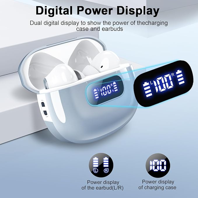 Wireless Earbuds, Bluetooth 5.3 Headphones with LED Power Display, 2025 New Wireless Earphones, HiFi Stereo,4 ENC Noise Cancelling Mic, 48H Playtime Mini Case IP7 Waterproof for iOS Android